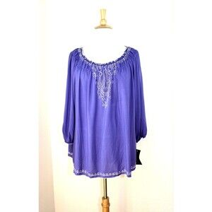 NWT HAYLEY MATTHEWS Peasant BOHO Top Tunic 3/4 Sl. Blue Embroidered Plus 3X #02